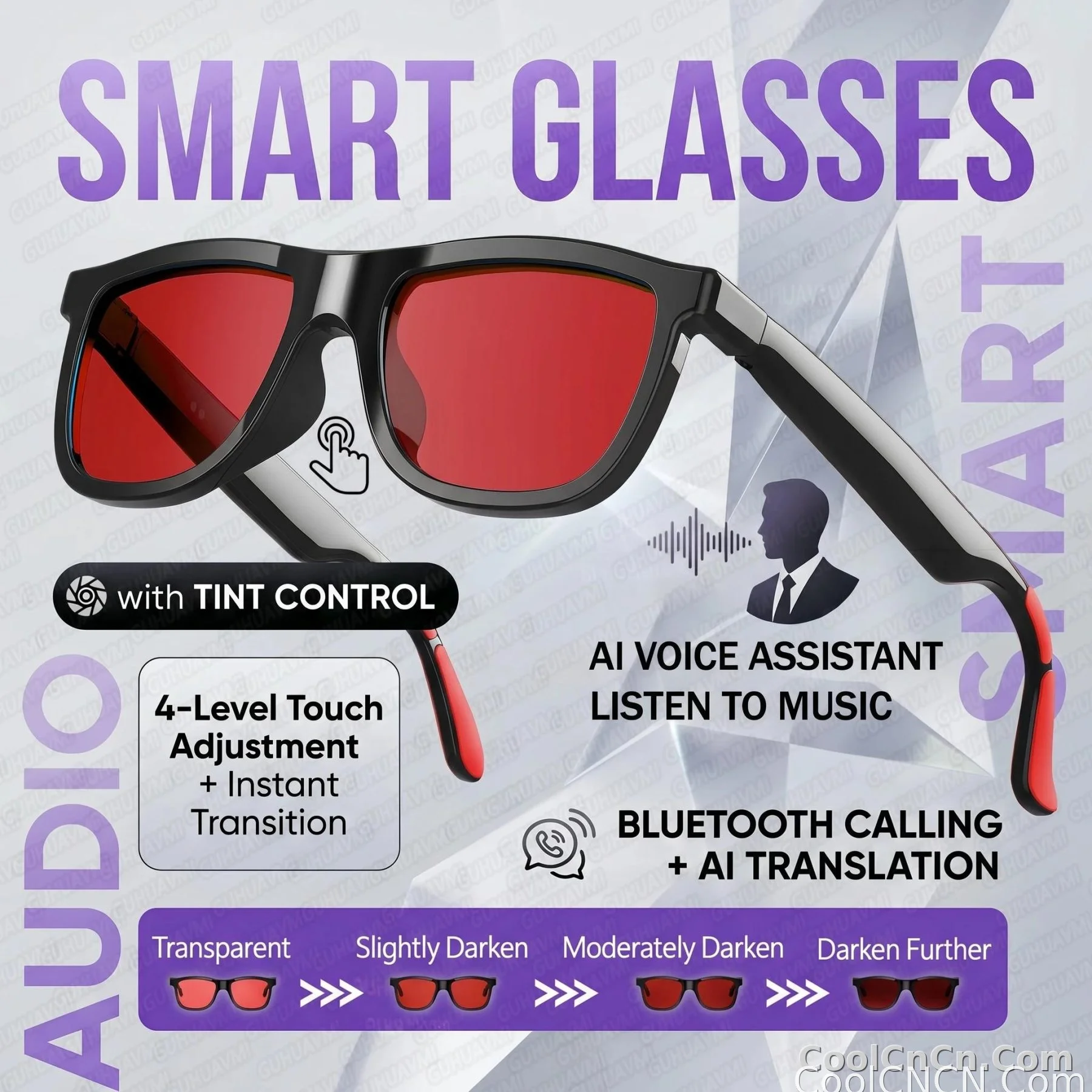 CoolWiz Smart Glasses with Audio, Electrochromic Lenses, Touch Controls, 4 New Speed Levels, 164+ Language Translations, Bluetooth Calling, Blackout Sunglasses, Music, ChatGPT — for outdoor sports and everyday use - detail