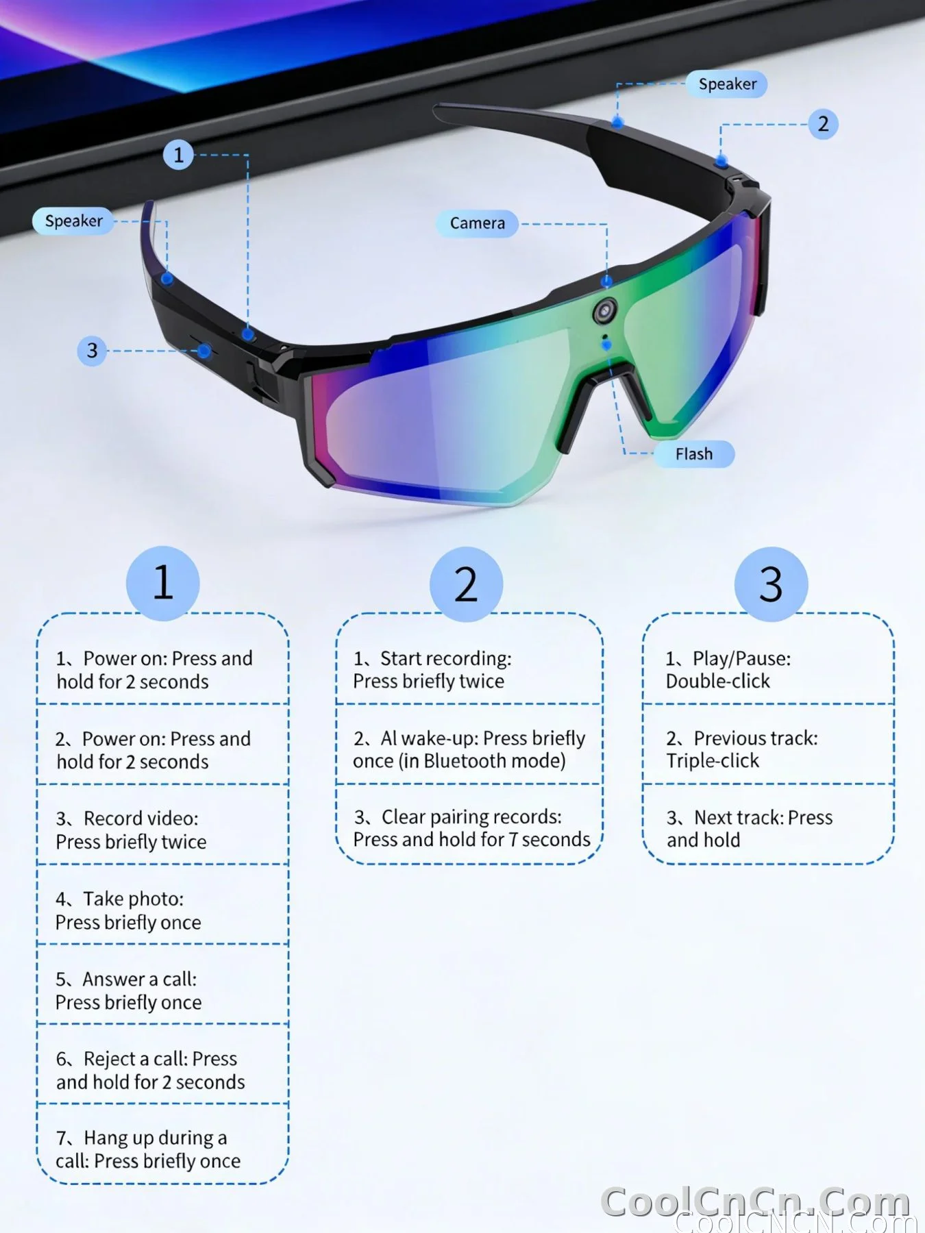 CoolWiz WiFi smart 8MP camera glasses for men, 1080p HD video recording, 32GB storage, polarized sunglasses with AI voice dialogue translation, suitable for sports and outdoor daily use - detail