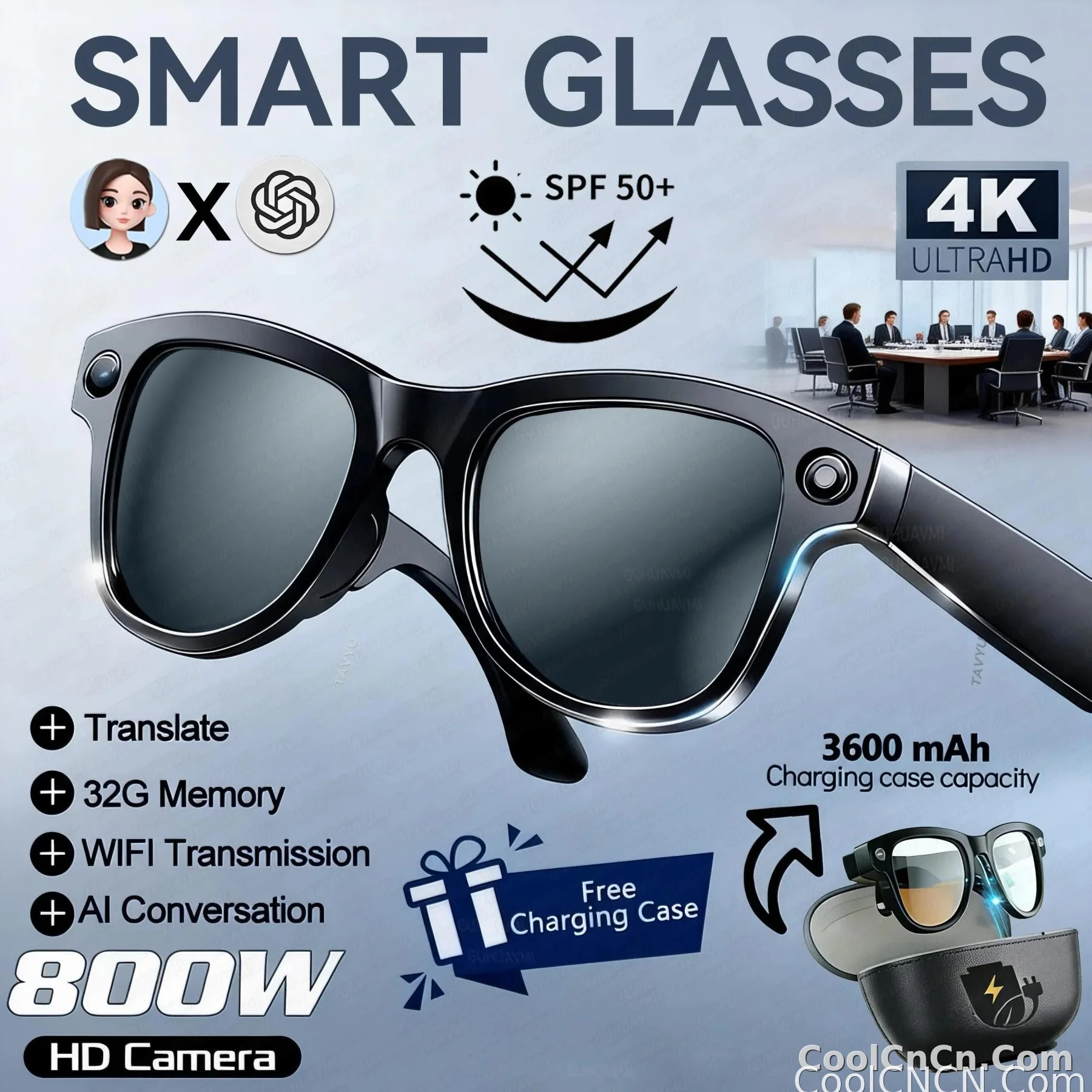 CoolWizNew 3600MAh Sarung Pengecas Cermin Mata Pintar AI Lelaki 800W Kamera Pixel 1080P Video POV 100+Terjemahan Pembantu AI Cermin Mata Hitam IOS Untuk Sukan Luar Penggunaan Harian - detail