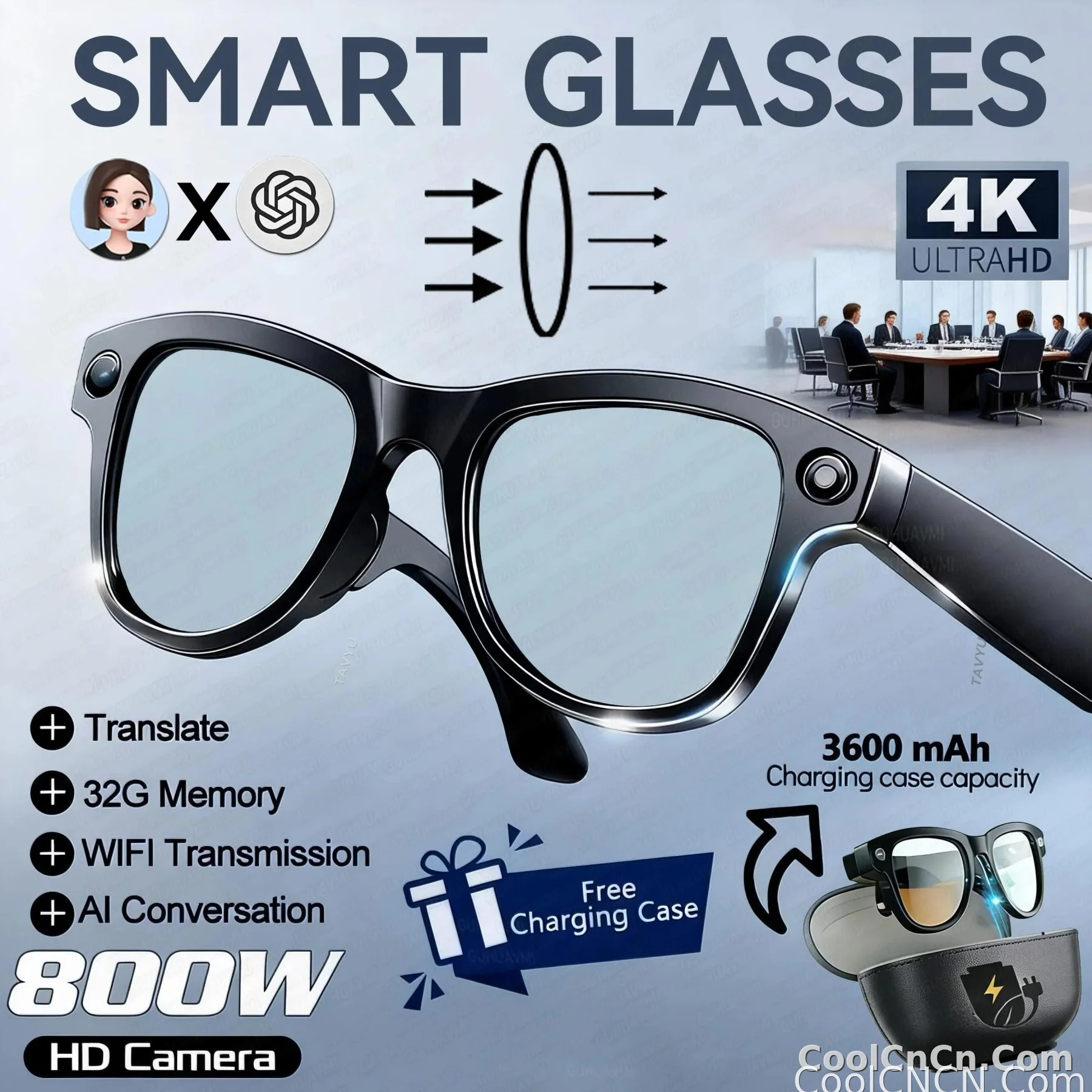 CoolWizNew 3600MAh Sarung Pengecas Cermin Mata Pintar AI Lelaki 800W Kamera Pixel 1080P Video POV 100+Terjemahan Pembantu AI Cermin Mata Hitam IOS Untuk Sukan Luar Penggunaan Harian - detail