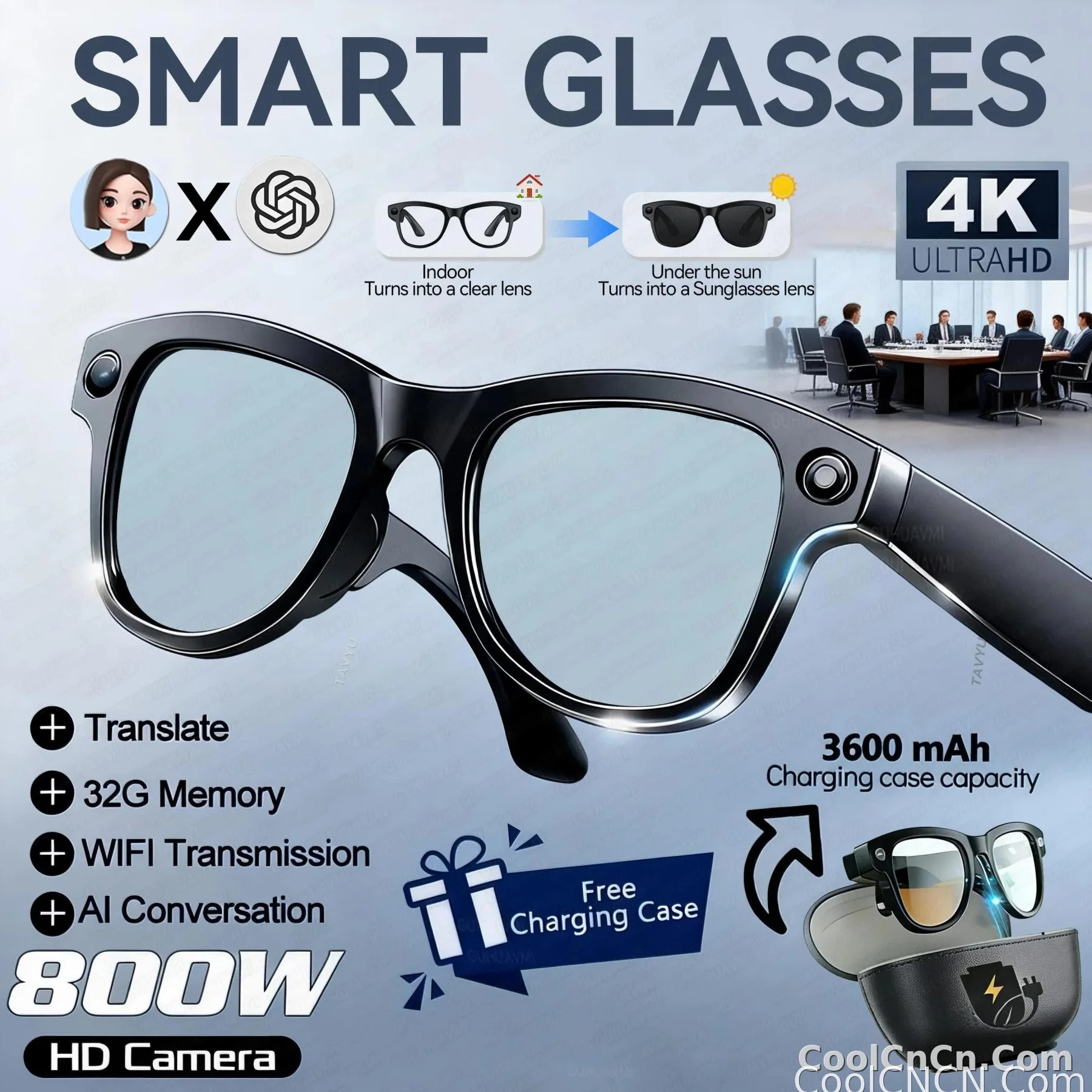 CoolWizNew 3600MAh Sarung Pengecas Cermin Mata Pintar AI Lelaki 800W Kamera Pixel 1080P Video POV 100+Terjemahan Pembantu AI Cermin Mata Hitam IOS Untuk Sukan Luar Penggunaan Harian - detail