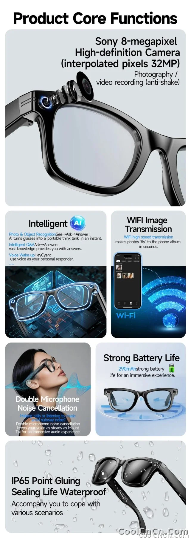 CoolWiz Camera HD Pixel 800W New 32GB Smart Glasses for Women — Photo Capture & Video Recording, AI Translation, Waterproof AI Glasses for Men, suitable for outdoor sports and daily use - detail