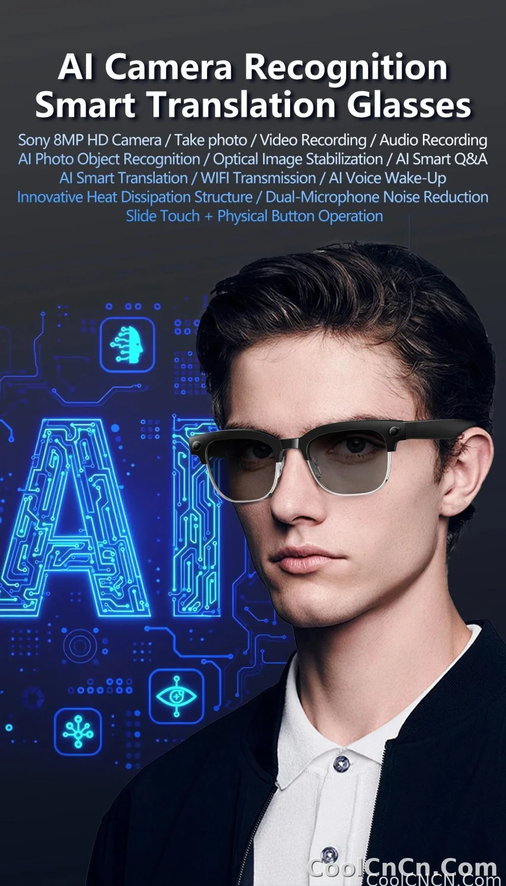 CoolWiz AI Smart Glasses 4K HD with Color Change, 8MP Camera, 1080p Video, AI Music Player, AI Calls, AI Sports Glasses for Men, for Outdoor Sports and Everyday Use - detail