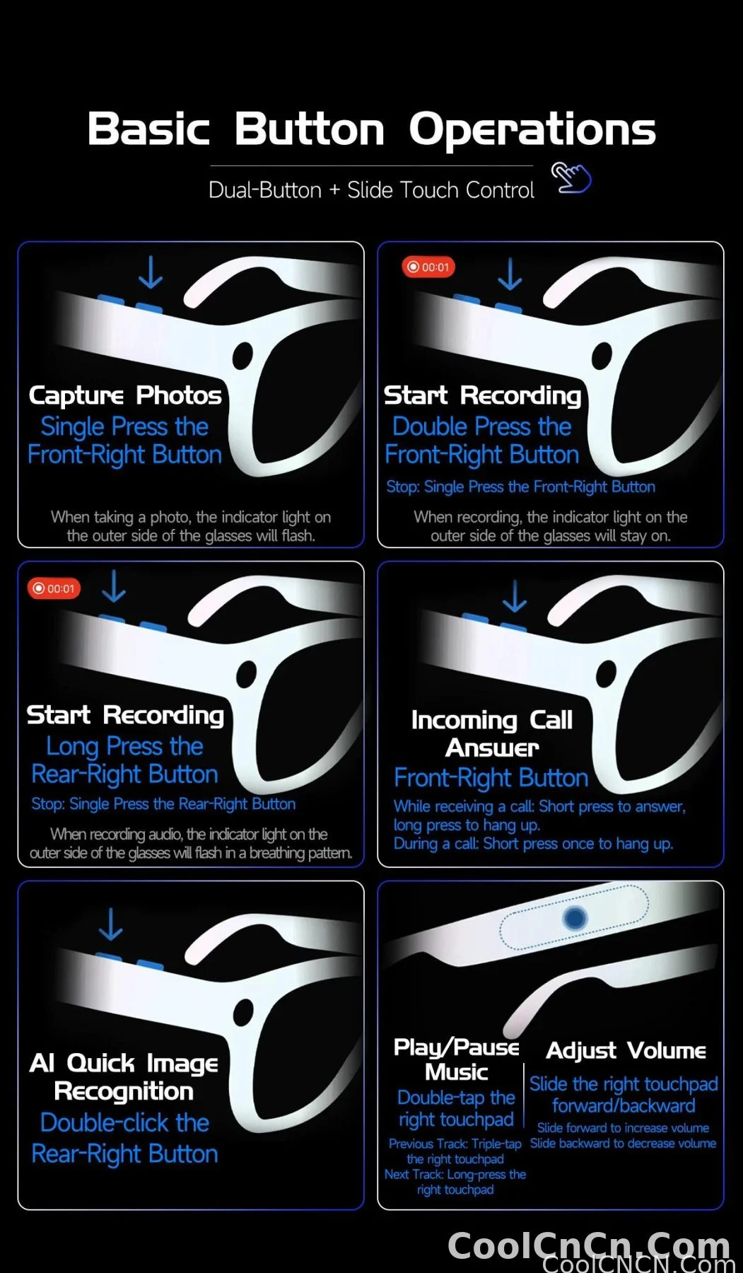 CoolWiz AI Smart Glasses 4K HD with Color Change, 8MP Camera, 1080p Video, AI Music Player, AI Calls, AI Sports Glasses for Men, for Outdoor Sports and Everyday Use - detail