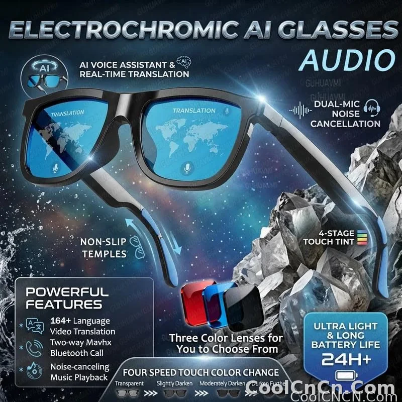 CoolWiz Cermin Mata Pintar Audio Lensa Elektrochromic Sentuhan 4 Kelajuan Baharu 164+Terjemahan Bahasa Panggilan Bluetooth Cermin Mata Hitam Muzik ChatGPT Untuk Sukan Luar dan Penggunaan Harian