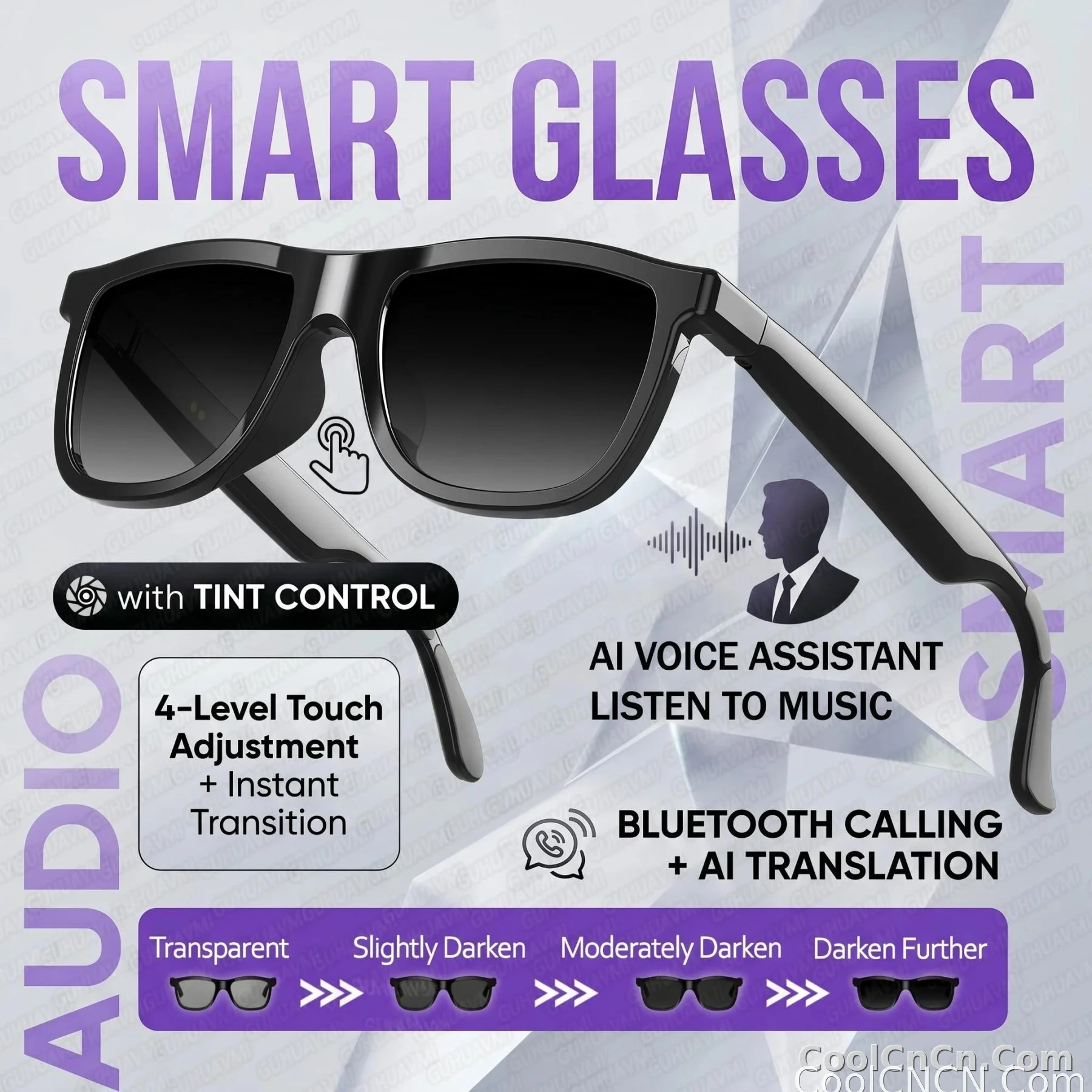 CoolWiz Cermin Mata Pintar Audio Lensa Elektrochromic Sentuhan 4 Kelajuan Baharu 164+Terjemahan Bahasa Panggilan Bluetooth Cermin Mata Hitam Muzik ChatGPT Untuk Sukan Luar dan Penggunaan Harian - detail