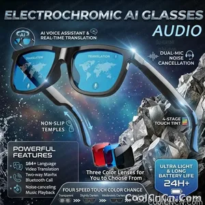 CoolWiz Cermin Mata Pintar Audio Lensa Elektrochromic Sentuhan 4 Kelajuan Baharu 164+Terjemahan Bahasa Panggilan Bluetooth Cermin Mata Hitam Muzik ChatGPT Untuk Sukan Luar dan Penggunaan Harian - view 1