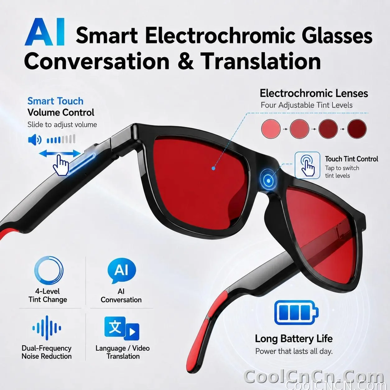 CoolWiz Cermin Mata Pintar Bluetooth 4 Tahap Elektrochromic AI Baharu ChatGPT 164+Terjemahan Bahasa Muzik Panggilan Bebas Tangan Cermin Mata Hitam Untuk Sukan Luar Penggunaan Harian - detail