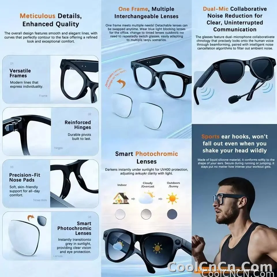 New 2026 AI Smart Glasses 1080P Camera Video Recorder Open Ear Bluetooth Audio Voice Control WiFi Sync Sports Glasses Men Use HD - detail