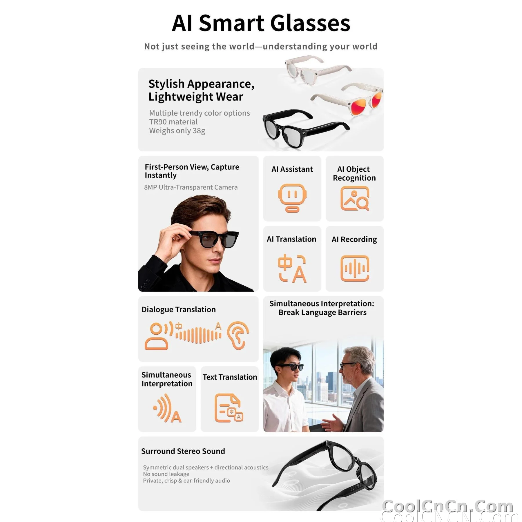 AI Smart Glasses 8MP HD Camera Video Recording AI Translation Voice Assistant TR90 Ultralight Bluetooth Call Music Smart Eyewear - detail