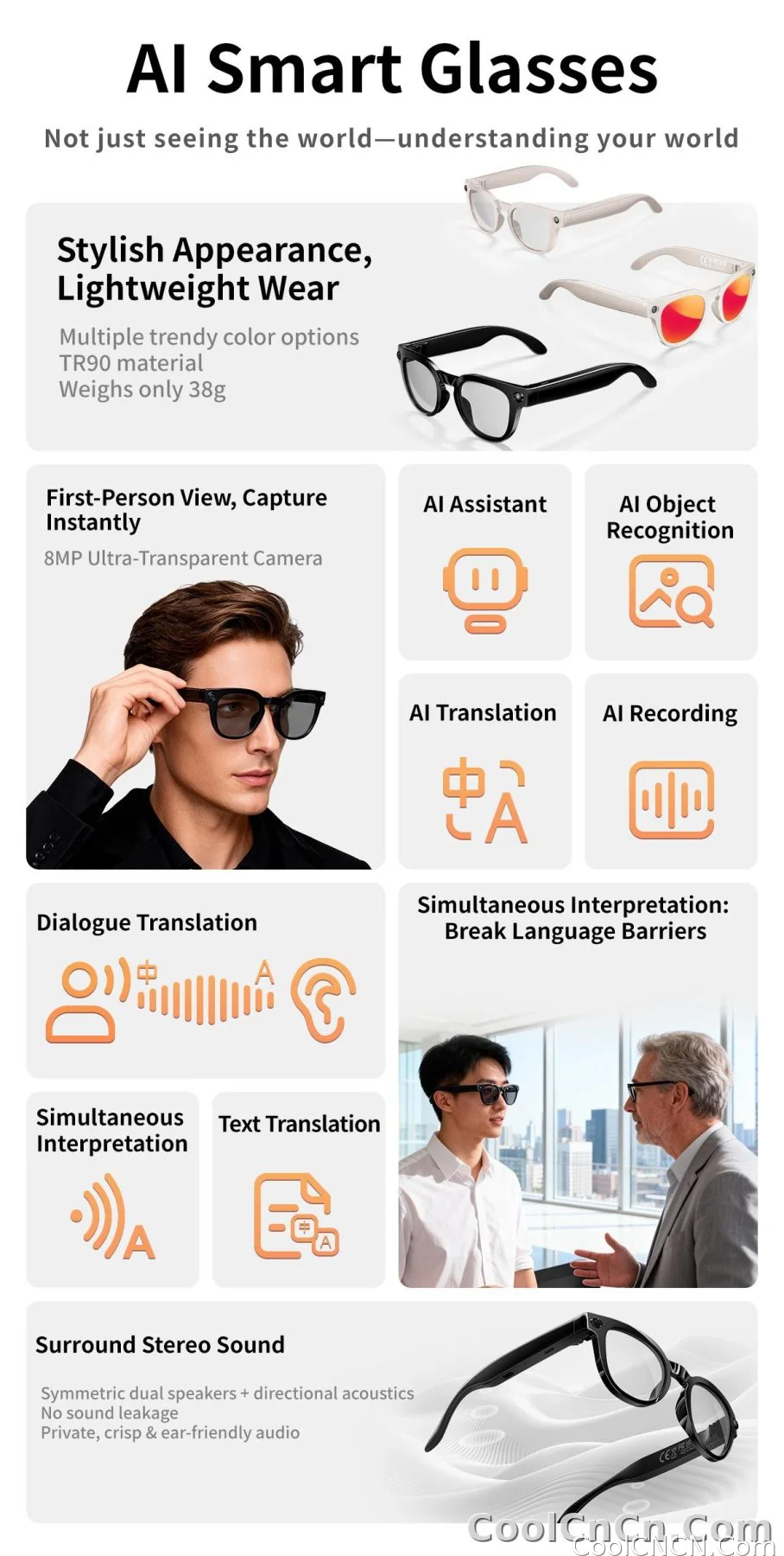 AI Smart Glasses 8MP HD Camera Video Recording AI Translation Voice Assistant TR90 Ultralight Bluetooth Call Music Smart Eyewear - detail