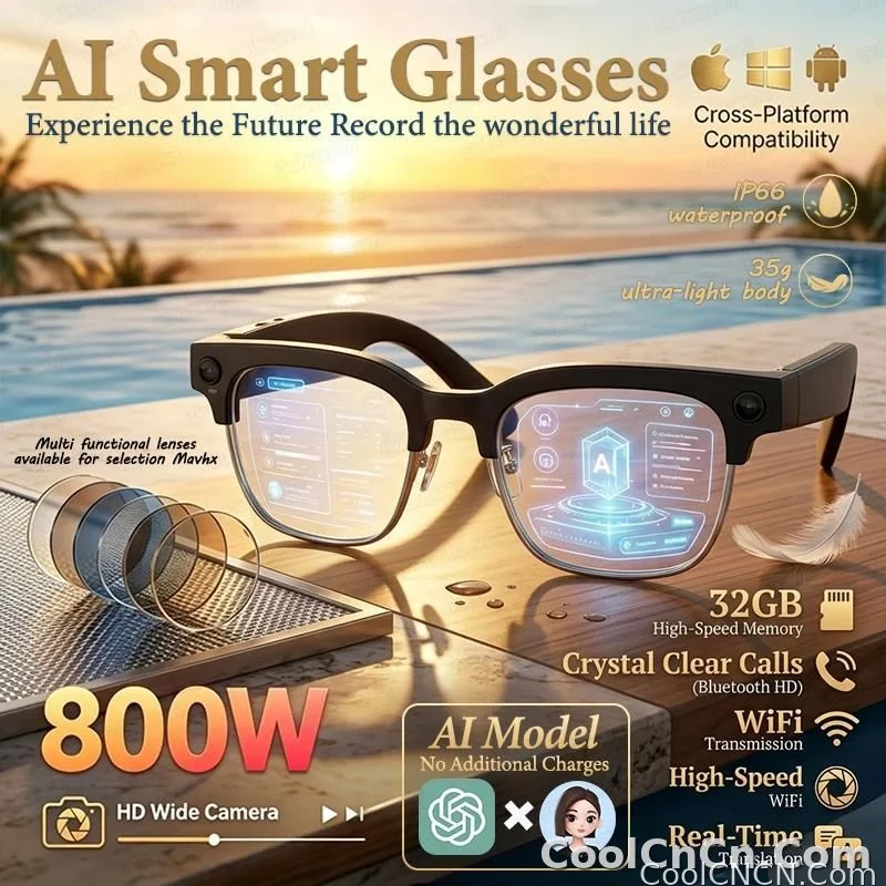 AI Real Time Translation Smart Glasses 1080P Camera Video Recorder Dual Mic Noise Canceling Bluetooth 3D Audio Sunglass 32G 2026