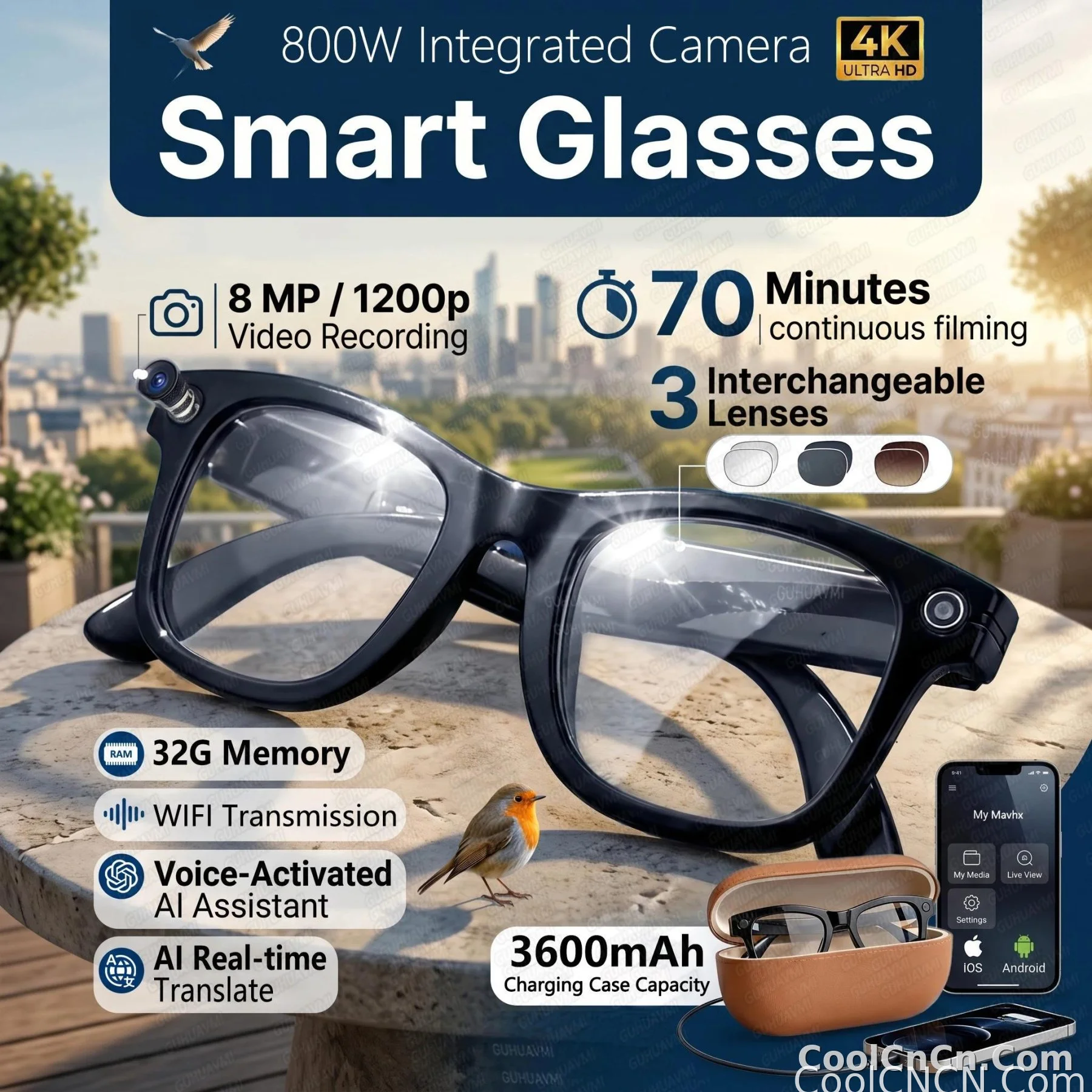 2026 New 3600mAh Battery AI Glasses Men 800W 4k Camera 32G Memory Photos&Video 160+Translation ChatGPT Music Smart Glasses Women