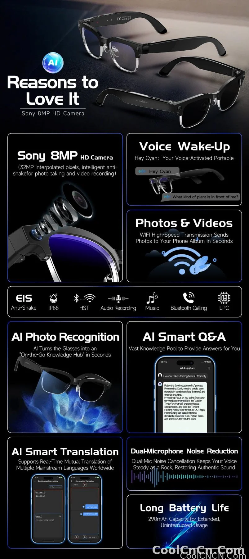 2026 New 800W Pixel Camera Smart AI Glasses Anti-shake Video Record ChatGP WIFI Translation Call Waterproof 32GB Sunglasses Men - detail