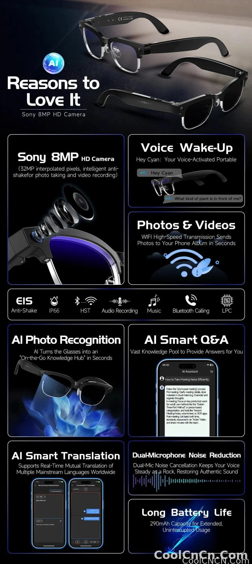 AI Smart Glasses Translation 800W Pixel Camera Video Music Player Call Business 8K Sunglasses Glasses Men For Travel Work 2026 - detail