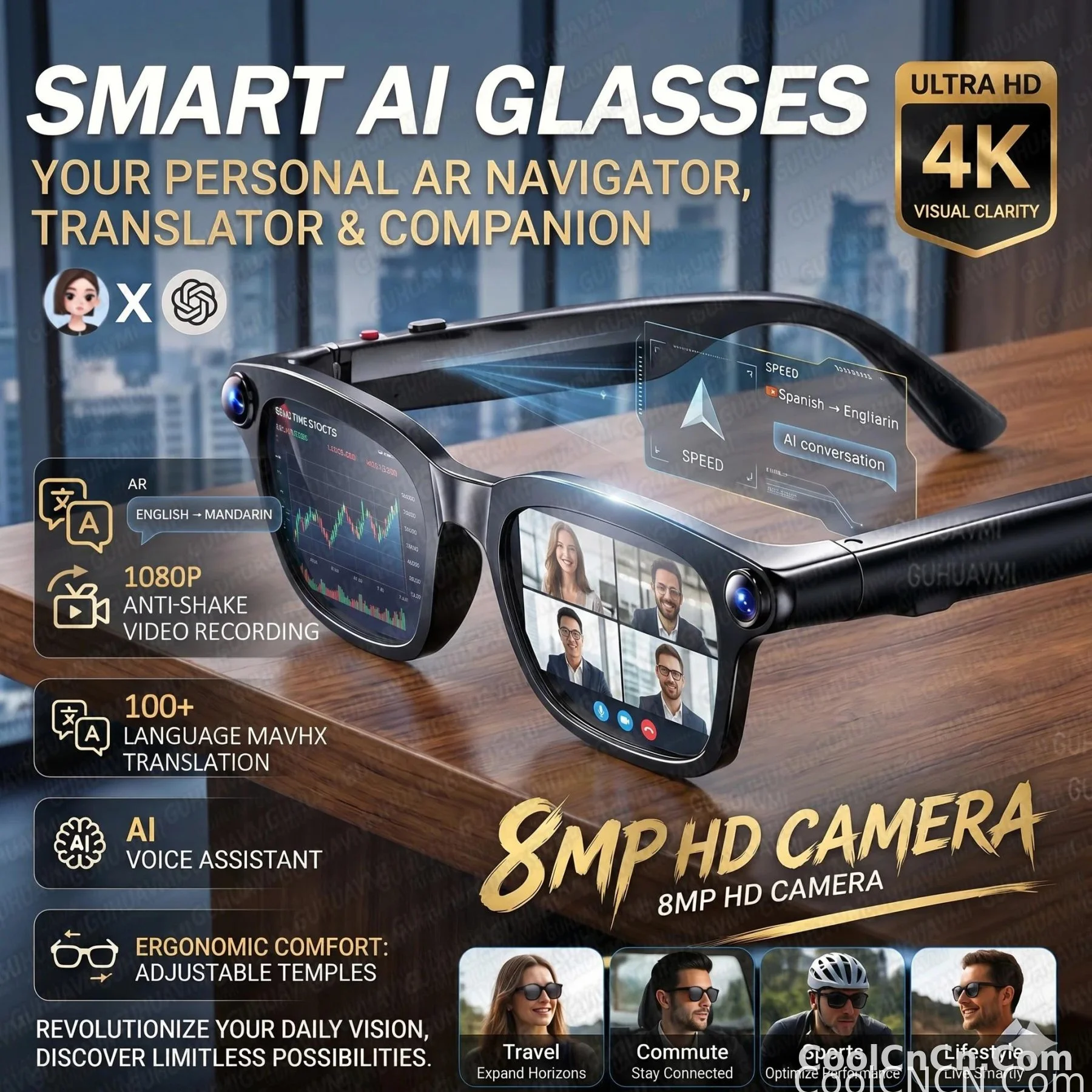New Business Sports Smart Glasses Men 8MP Anti-shake Camera 100+Language Translation ChatGPT AI Assistant Video POV AI Sunglass