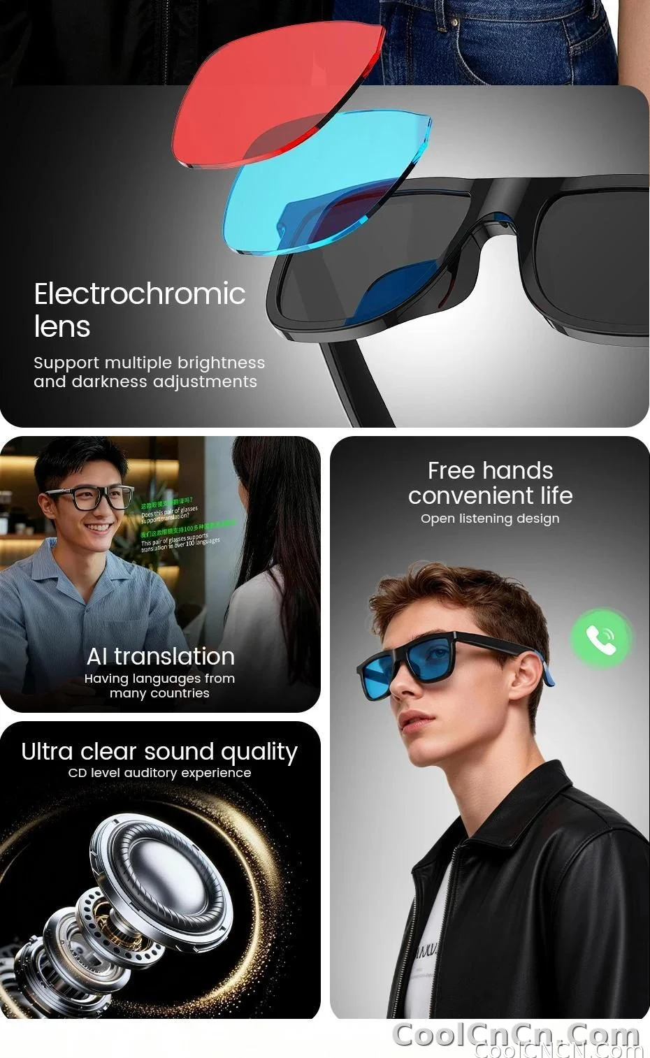 New Pro Smart Audio Sunglasses 2026 AI Translation Q&A Bluetooth HD Sound ENC Dual Mic Touch 4-Speed Color Change IP65 TR90 Men - detail