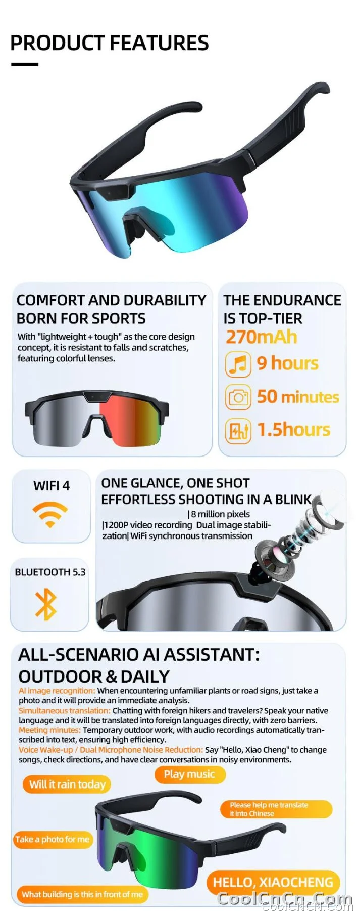 2026 Smart Cycling Glasses Sun Protection Listening to Music Taking Photo and Video AI Translation Voice Assistant Smart Glasses - detail