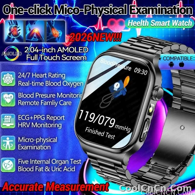 CoolWiz Health Blood Pressure ECG + PPG Monitor Smartwatch for Men — uric acid, blood fat, five organ monitoring, call capability, health tracker, compatible with iOS, suitable for outdoor sports and daily use