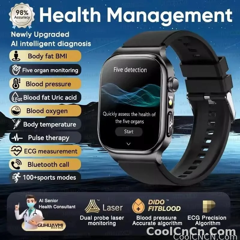 CoolWiz Health Blood Pressure ECG + PPG Monitor Smartwatch for Men — uric acid, blood fat, five organ monitoring, call capability, health tracker, compatible with iOS, suitable for outdoor sports and daily use - detail