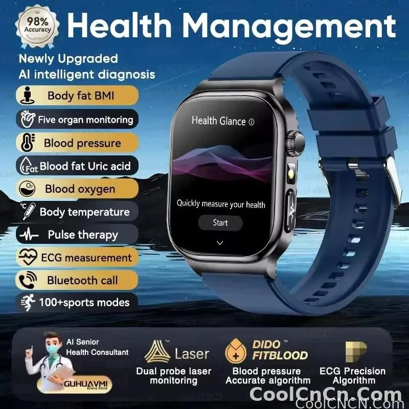 CoolWiz Health Blood Pressure ECG + PPG Monitor Smartwatch for Men — uric acid, blood fat, five organ monitoring, call capability, health tracker, compatible with iOS, suitable for outdoor sports and daily use - detail