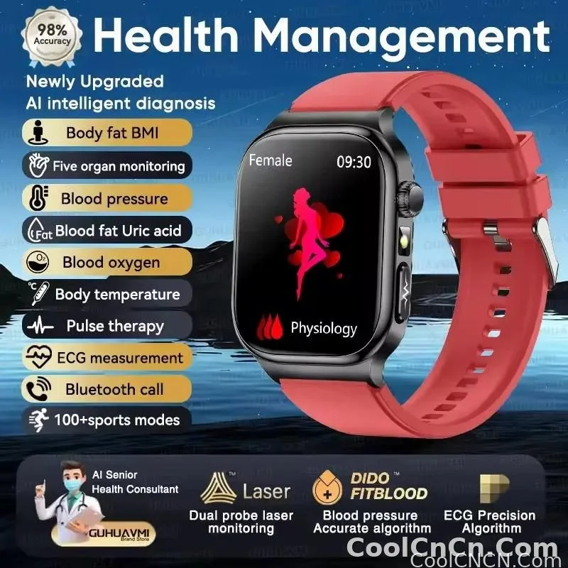 CoolWiz Health Blood Pressure ECG + PPG Monitor Smartwatch for Men — uric acid, blood fat, five organ monitoring, call capability, health tracker, compatible with iOS, suitable for outdoor sports and daily use - detail