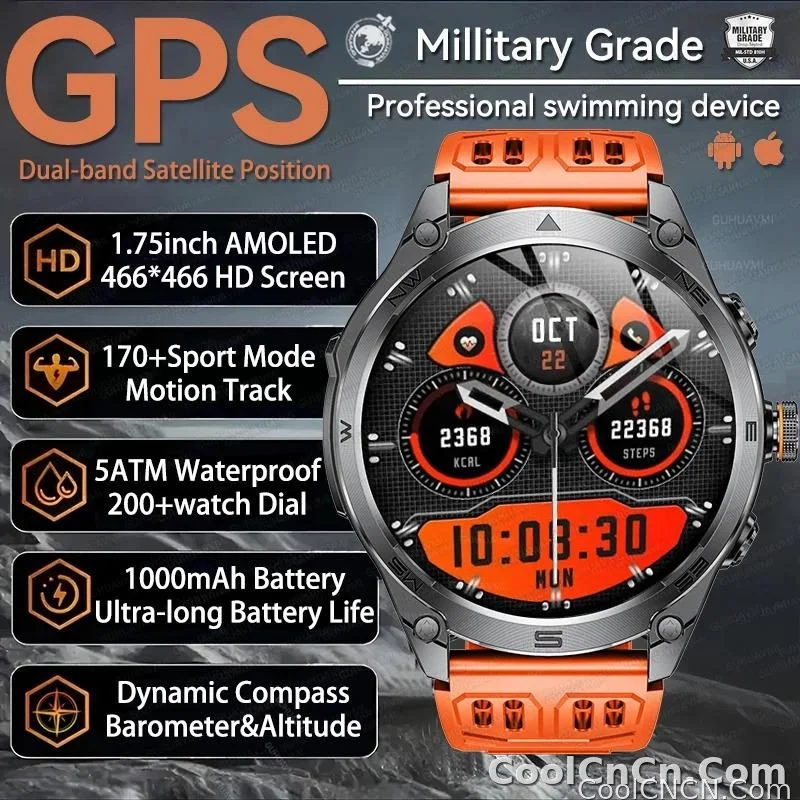 CoolWiz Smart Watch Military Grade with GPS for Men, 1000mAh Battery, 10 ATM Water Resistance, Compass, Blood Pressure Monitor, Call Function, Sports Smart Watch for Outdoor Activities and Everyday Use - detail