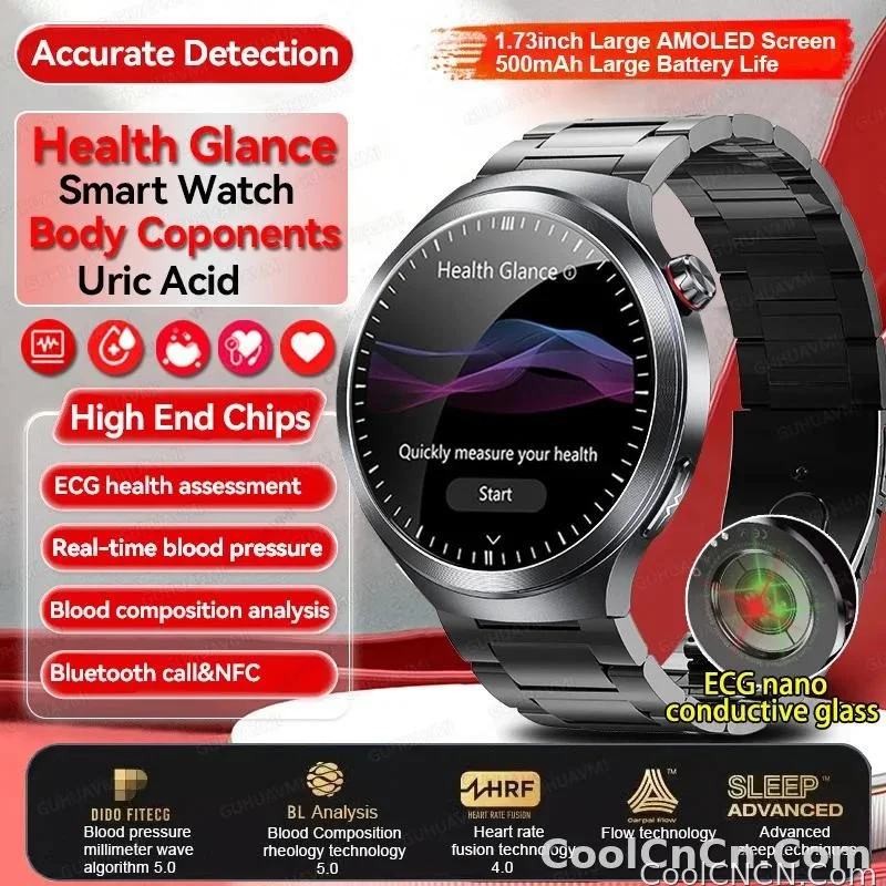 CoolWiz Smart Watch for Body Composition, Blood Pressure, NFC ECG + PPG, Body Temperature, Uric Acid, Lipids, Call Function; Waterproof Smart Watch for Men, suitable for outdoor sports and daily use