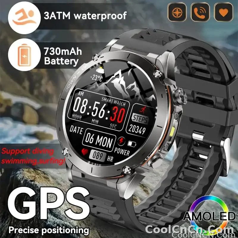CoolWiz New Outdoor Military Smart Watch for Men with GPS, 3 ATM water resistance, AMOLED sports mode, 730 mAh battery, compass; fitness smartwatch for daily outdoor sports use